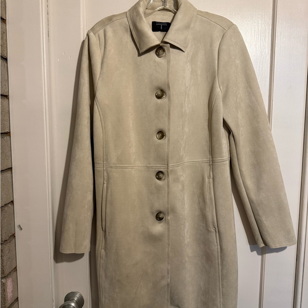 Tahari Cream Trench Coat Microfiber Mid-Length Faux Suede Size M